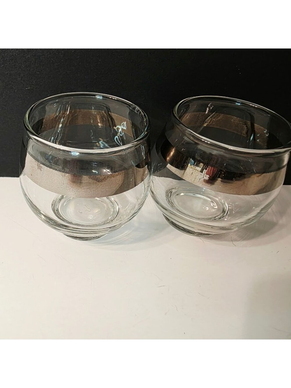 2 Vtg Silver Band Small Roly Poly Cocktail Glasses MCM Barware Replacement Cups